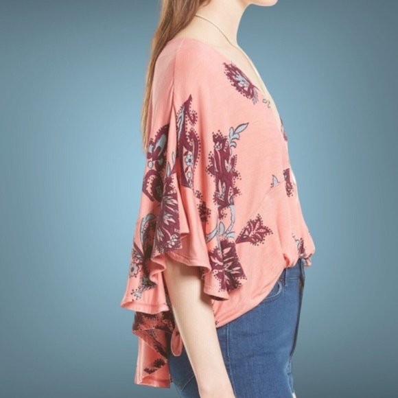 Free People Women Maui Wowie Blouse Tops Size XS Oversize Floral Flutter Sleeves - Picture 3 of 16